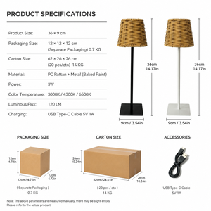 <strong>Vintage</strong> Farmhouse Stepless Dimmable LED Boho Minimalist Nightstand Brown Rechargeable Rattan Cordless <strong>Table</strong> <strong>Lamp</strong> for Wedding - Product Image 5