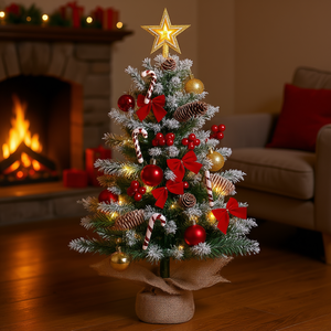 Mini Árbol de Navidad Artificial Nevado de 23.6 Pulgadas con Luces, Decoración de Mesa con Piñas, Lazos Rojos, Bastones de Caramelo y Bayas Rojas - Product Image 2