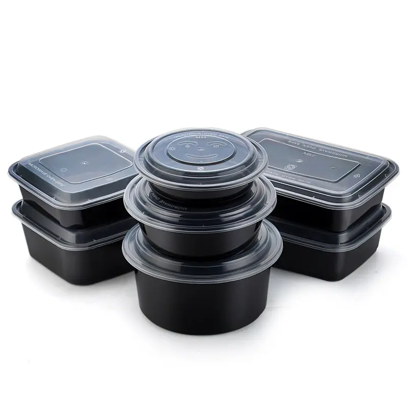 Fiambrera desechable americana, caja para llevar el almuerzo con cubierta convexa negra y transparente, cuenco de plástico para sopa y almuerzo