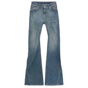 Jeans de mezclilla elásticos ajustados de tiro bajo para mujer, pantalones casuales de mezclilla de campana largos con efecto apilado y corte bootcut en azul. - Product Image 1