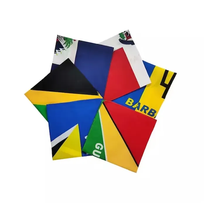 Expédition rapide 100% coton Polyester couleur 55x55cm Logo imprimé personnalisé tête carré pays des Caraïbes drapeau Bandanas