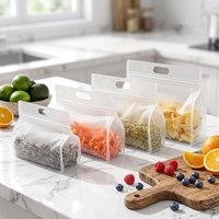 Sac refermable à fond plat avec poignée en aluminium multicouche réutilisable, scellé sur huit côtés, en plastique transparent givré pour snacks et aliments secs
