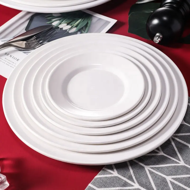 Vente en gros, ensemble d'assiettes plates en mélamine, ensemble de vaisselle en plastique blanc pour mariage