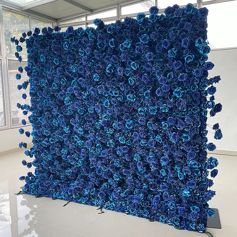 Handmade Rolled Up Flower Wall Curtains Blue Cloth Fabric Silk Floral Panels Artificial Flower Walls Wedding Backdrop Decoration