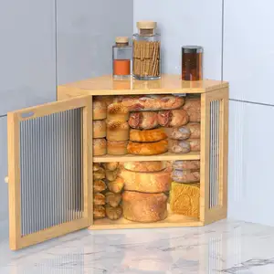 Durable Bamboo Wood Bread Box bamboo bread holder Countertop corner bread box with Adjustable Height