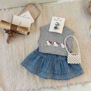 Girls Summer Cartoon KT Vest Denim Fishtail Skirt Set Cotton Thin Solid Color With Label - Product Image 4
