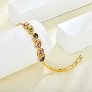 Pulseira de prata esterlina 925 banhada a ouro 18K Qingxin, joia personalizada OEM, pulseira de punho aberto e zircônia cúbica multicolorida para mulheres