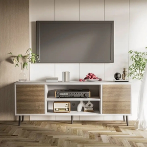 Meuble TV moderne du milieu du siècle pour téléviseur de 55/65 <span class=keywords><strong>pouces</strong></span>, centre de divertissement avec armoire de rangement et étagères ouvertes, meuble multimédia pour téléviseur - Product Image 2