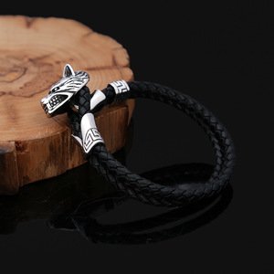 Yunnique Pulsera trenzada de cuero genuino para hombre, joyería de plata tibetana con cabeza de león, regalo del zodiaco animal, circunferencia interior de 205mm - Product Image 2