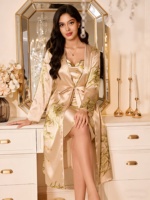 Gaun Mandi Satin Wanita Lengan Panjang Bermotif untuk Musim Panas dengan Ikat Depan Gaya Mewah