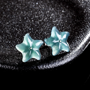 Natural genuine A-grade jadeite blue water sea star <b>stud</b> earrings, ice-grade jade, S925 <b>silver</b>, ancient style women's earrings - Product Image 5