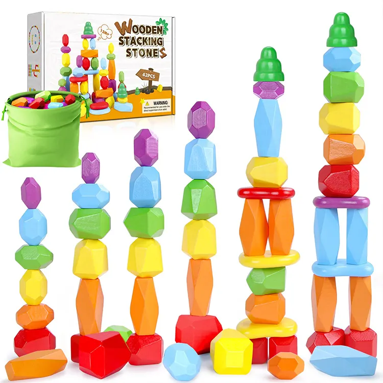 Montessori 34 peças para empilhamento de madeira, brinquedo educacional montessori para empilhamento de pedras, equilíbrio de pedras, empilhamento de madeira