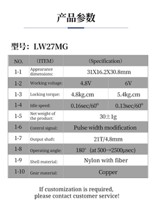 LW27MG 30g ไมโครเซอร์โว 5.4กก.ซม. 0.13วินาที/60 °   เกียร์ทองแดง 4.8V-6V 180 °   สำหรับการควบคุมทิศทางของเรือเฮลิคอปเตอร์ RC Crawler - Product Image 5