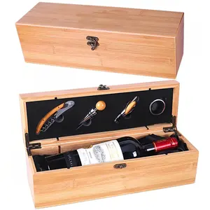 Caixa de embalagem de garrafa de vinho, conjunto de embalagens de madeira bambu com bar, caixa de presente de vinho e madeira