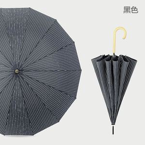 Parapluie minimaliste 2026 avec poignée en bois, 16 baleines renforcées, coupe-vent, rayé, résistant au soleil et à la pluie, avec logo personnalisé - Product Image 1