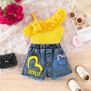 Nuovi Arrivi 2026: Set Casual per Bambine con Top Monospalla e <span class=keywords><strong>Shorts</strong></span> in Denim con Stampa a Cuori - Product Image 4