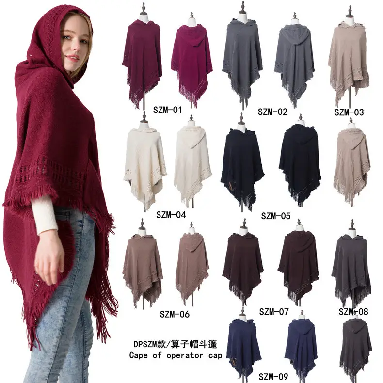 Mùa Đông Tua Khăn Pashmina Cardigans Tops Phụ Nữ Casual Loose Dài Không Thường Xuyên Hem Tua Cape Hat Poncho