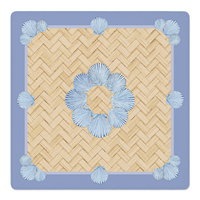 Tapis de mahjong pliable antidérapant en rotin tressé bleu poudré, motif festonné, 80x80cm, 3mm d'épaisseur