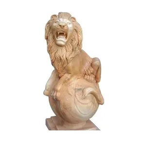 Hot Sell Different Colors Caving Goods Garden Outdoor Life Size Hand Carved Stone Marble Lion Statue Standing With Ball