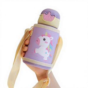 BPA Free Toddlers Kids Children Double <b>Drink</b> Stainless Steel Insulated Cute Cartoon Thermos Water Bottle With <b>Straw</b> Rope Strap - Product Image 1