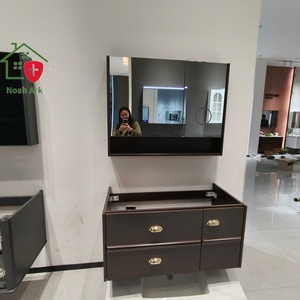 Mueble de Baño Lacado en Marrón con Diseño de Doble Cajón, Tiradores Dorados, Espejo Inteligente, Combinación Moderna para Uso Hospitalario - Product Image 1