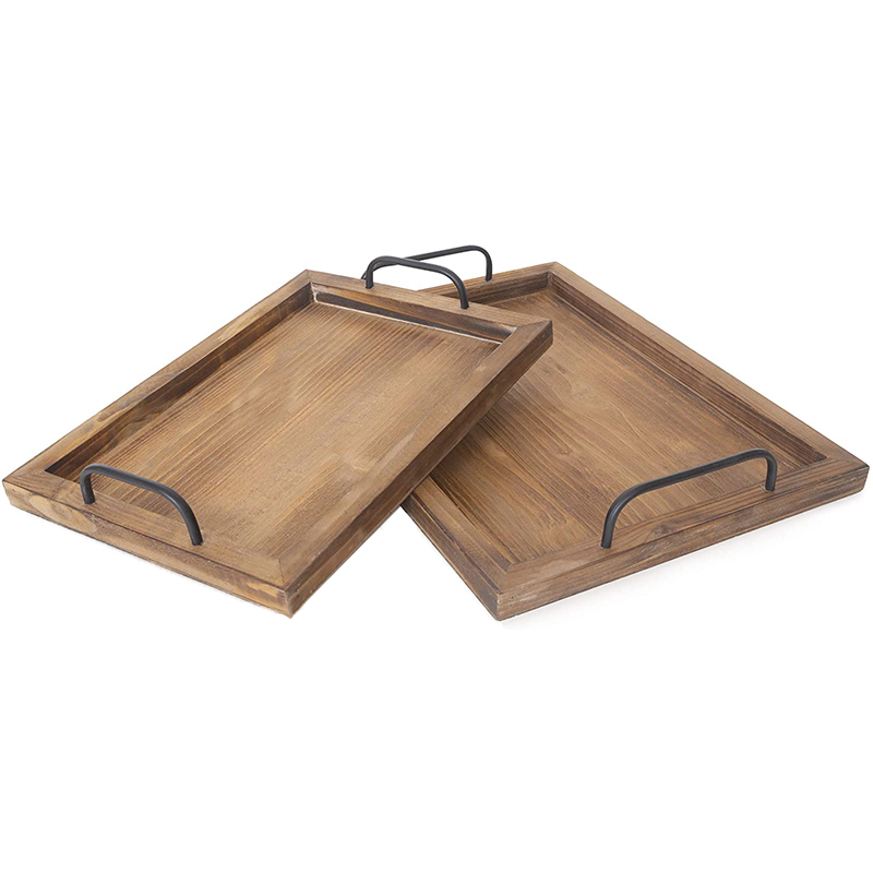 Set von 2 Land rustikalen Holz tablett Bauernhaus Dekor Servier platten Nesting Serviert abletts mit Metall griffen