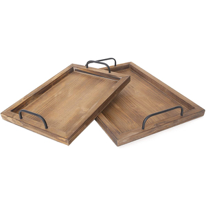 Set di 2 paese rustico colonica decorazione che serve piatti di nidificazione che servono vassoi vassoio di <span class=keywords><strong>legno</strong></span> con manici in metallo - Product Image 1