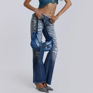 Jeans en denim Y2K, denim déchiré, taille basse, ceinture effilochée pour femmes - Product Image 3