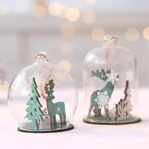 Bola colgante de madera y cristal transparente para decoración de árbol de Navidad, adorno de nieve, alce de madera, muñeco de nieve
