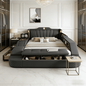 Lit de <span class=keywords><strong>massage</strong></span> électrique intelligent en cuir rembourré, style européen, taille Queen/King, luxe moderne, inclinable, réglable en bois - Product Image 1