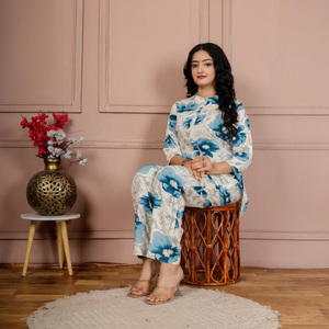 <b>UK</b> FASHION <b>Women's</b> Blue Floral Cotton <b>Kurta</b> Set Loose Fit Ankle-Length Ethnic Wear Casual Style India Pakistan Fashion All - Product Image 1