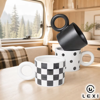 Ensemble de 3 tasses à café en céramique modernes à motif damier et pois, avec anse annulaire, noir et blanc, 400 ml, logo personnalisé, OEM, vente en gros
