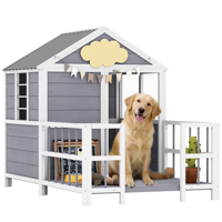 Caseta Premium para Perros de Exterior de 61 Pulgadas, Color Gris Madera, con Techo Impermeable, Marco Elevado, Ventilación y Ventanas de Visión, para Todas las Estaciones, Tamaño Pequeño