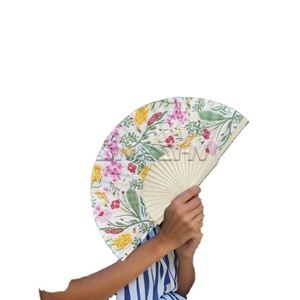 23cm Bamboo <b>Frame</b> Handheld Wooden Fabric Fan Flower Design Custom Shape Painting Wedding Favors Bulk Wholesale Custom Logo - Product Image 3
