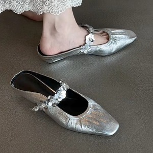Summer Outdoor Silver Square <b>Toe</b> Ruched Sequins Flower Mule <b>Sandals</b> Elegant One Strap <b>Closed</b> <b>Toe</b> Slip On Heels - Product Image 4