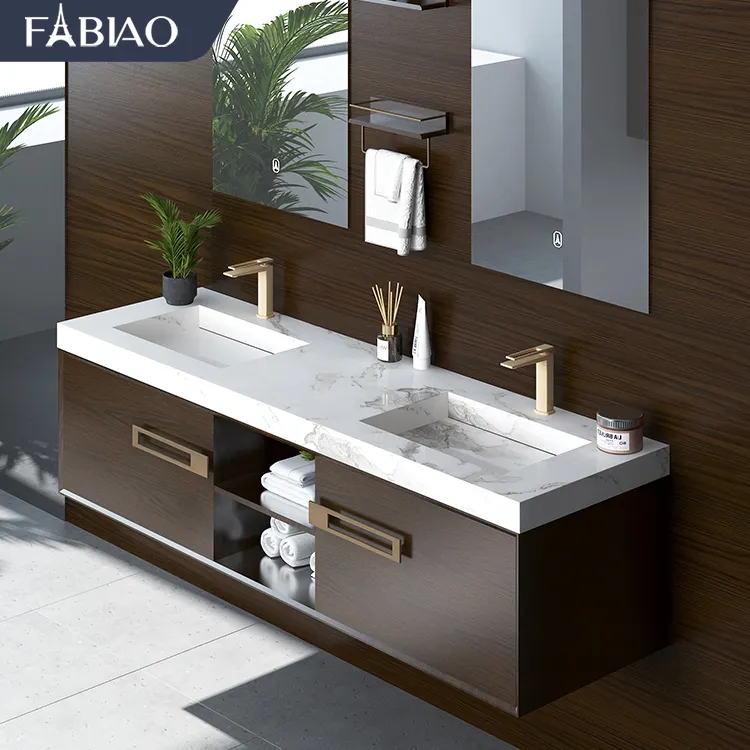 FABIAO Bathroom Equipment Drawer Storage Luxury Solid Wood Double Sink Bathroom Vanity Unit White Bathroom Cabinet