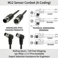 Kabel Sensor IP67 M12 A-Coding 2-17 Pin Konektor Lurus Sudut Siku Jantan Betina Kontak Berlapis Emas Selubung PUR/PVC Fleksibel Tinggi
