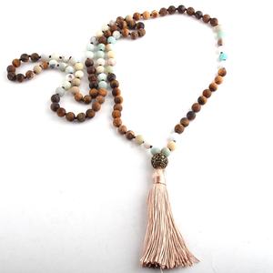 Mujeres 8mm Frost Amazonite Pic jaspe piedra preciosa anudada bola de bronce borla colgante collar Yoga 108 cuentas Yoga Mala collar - Product Image 3