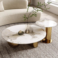 Ensemble Table Basse Moderne de Luxe, Table Basse Ronde en Pierre Frittée Dorée, Piétement en Acier Inoxydable pour Salon Maison