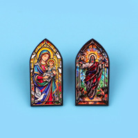 Broche Émaillée Religieuse Chrétienne Vierge Marie Jésus en Verre Teinté Cathédrale, Vente en Gros Usine, Personnalisée