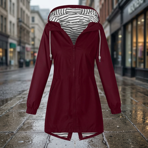 Womens Autumn <b>Waterproof</b> Denim Hooded Long Outdoor Lightweight Windbreaker Rain <b>Jacket</b> with Striped Lining Full Zip Front - Product Image 3