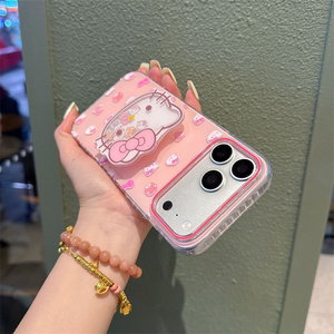 Cartoon KT cat bow holder Mobile Phone case for iPhone 17 Air 16 15 Pro Max Transparent Bracket Cute Printing Stand back Cover - Product Image 4