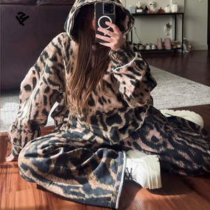Women Leopard Print Oversized Hoodie Set Two Piece Lounge Tracksuit Wide Leg Pants Casual Y2K Streetwear Trend 2026 <strong>Clothing</strong> - Product Image 3
