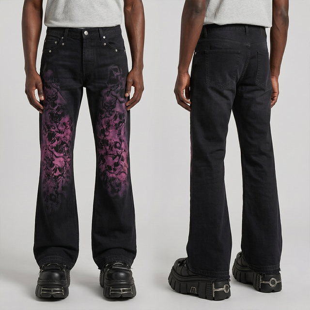 Customizable Men's Print Flare Jeans Black Denim Pink Purple Airbrush Skull Graphics Loose Wide Leg Silhouette Y2K Streetwear