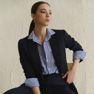 Women's Striped <b>Blazer</b> <b>Set</b> Full Length Regular Fit Turn-down Collar Office Lady Style Breathable Polyester Cotton Woven - Product Image 1