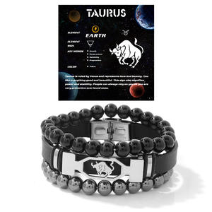 Nueva moda 8mm cuentas de hematita cierre de acero inoxidable 12 brazaletes de cuero del zodiaco conjunto para regalo de cumpleaños - Product Image 1