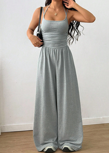 Mono de punto elástico de cintura alta con cuello halter y pierna ancha para mujer, color liso, ajustado, informal, para fiesta o club, ideal para salir. - Product Image 3