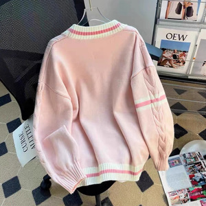 Women's Autumn Winter Loose Knit <b>Cardigan</b> With Bow Contrast Color Single Breasted Anti Pilling Design - Product Image 2