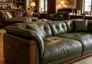 Sofá Chesterfield de 3 plazas en cuero genuino verde con respaldo capitoné y base de madera para sala de estar - Product Image 3