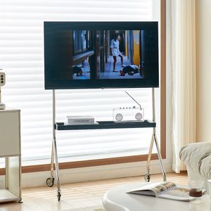 Meuble <span class=keywords><strong>TV</strong></span> mobile de style nordique pour petits espaces, support de moniteur sur pied pour salon avec roulettes en acier inoxydable - Product Image 5